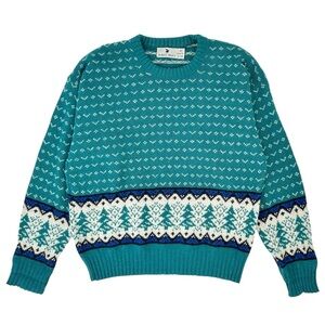 Vintage Made in USA Robert Bruce Teal Green & White Wool Christmas Sweater sz M